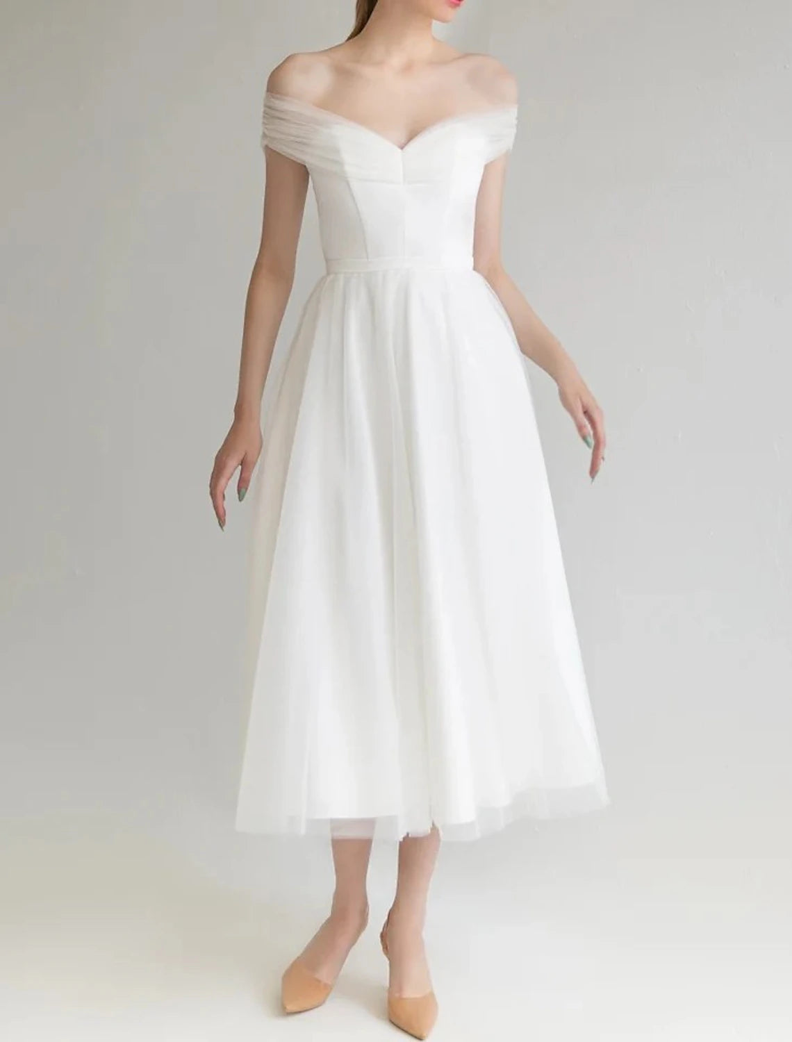Wholesale Bridal Shower Little White Dresses Wedding Dresses A-Line Off Shoulder Sleeveless Tea Length Satin Bridal Gowns With Solid Color